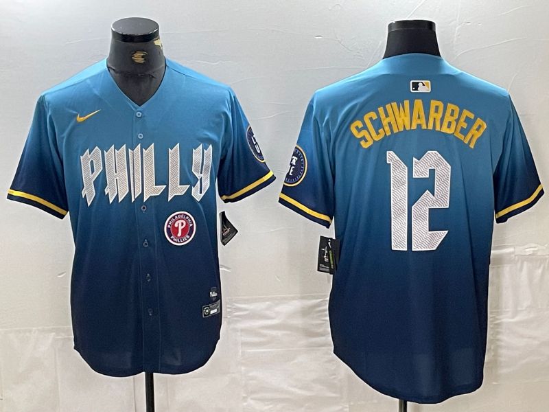 Men Philadelphia Phillies 12 Schwarber Blue City Edition Nike 2024 MLB Jersey style 2